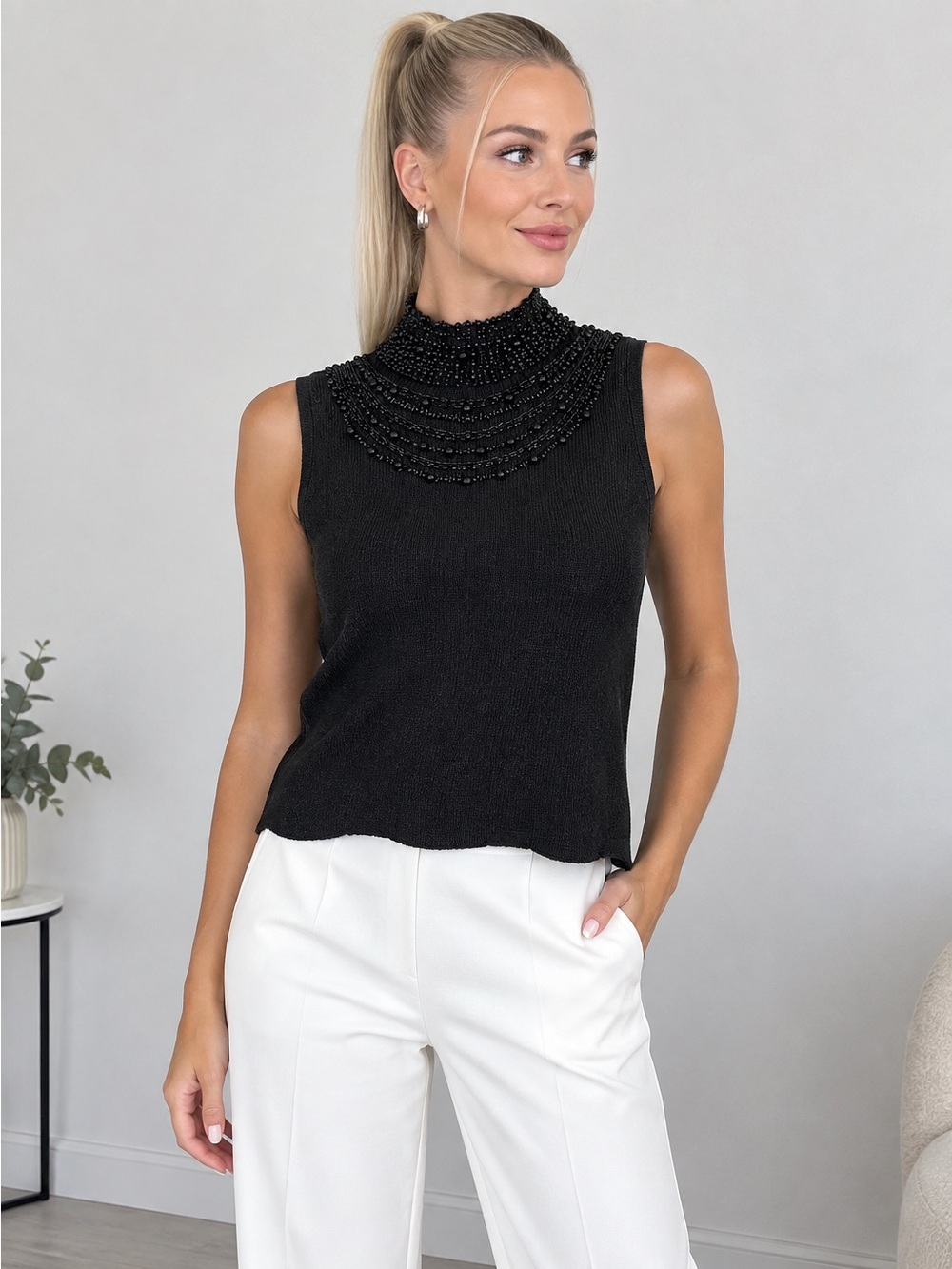 Grace Elements Women’s Black Knit Mock Neck Beaded Sleeveless Top L Regular SILK